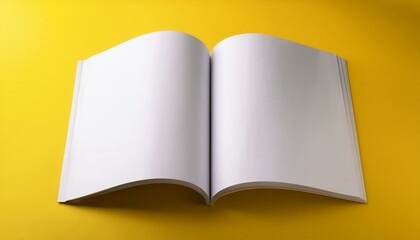 Open magazine with blank page on yellow background. Mockup for design