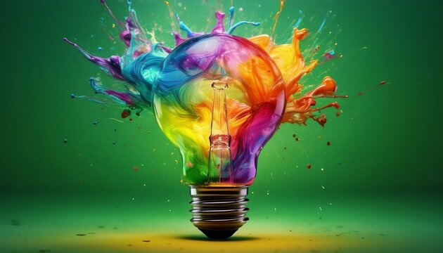 Creative concept light bulb explodes with colorful water colors on a light green background 
