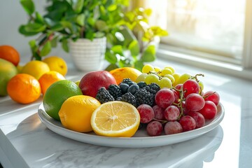 A vibrant assortment of fresh fruits and vegetables arranged beautifully on a minimalist table bathed in natural light © Road Red Runner