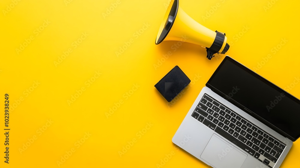 Poster 3. a stylish flat lay of a laptop and a megaphone on a sunny yellow background, designed to create a