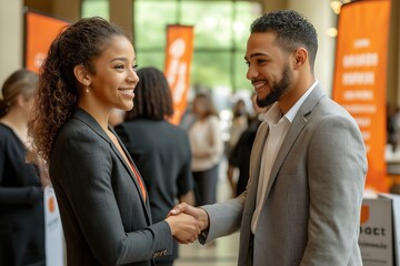 Shaking hands with a mentor during a career fair for networking and professional development