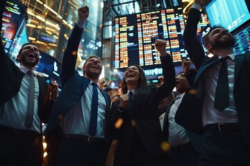 People celebrating joyfully in front of a stock ticker display during a significant financial market event
