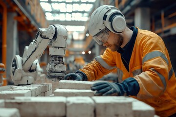 A skilled bricklayer collaborates with an advanced robotic assistant to construct precise brick arrangements in a modern workshop setting