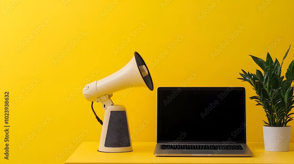 Poster 5. an eye-catching composition featuring a laptop and a megaphone against a vivid yellow backdrop, d