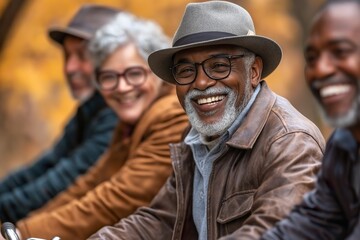 A joyful gathering of elderly friends cycling through autumn leaves, celebrating friendship and vitality during a sunny afternoon