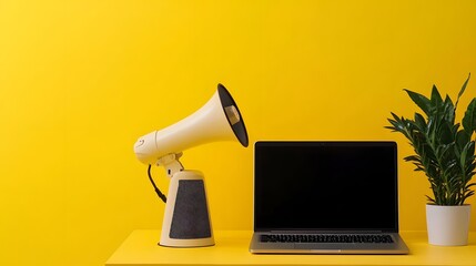5. An eye-catching composition featuring a laptop and a megaphone against a vivid yellow backdrop, designed to emphasize the objects while providing ample space for additional content
