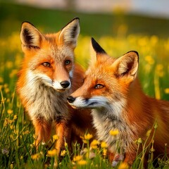 Fototapeta premium Dos zorros juntos en un campo de flores