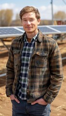 A young Caucasian man wearing a plaid jacket stands confidently in front of a field of solar panels.