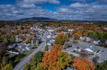 Aerial view of Jaffery, New Hampshire and Mount Monadnock during peak fall foliage  