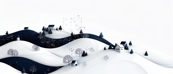 Snow falling on a quiet village, winter holiday, flat design illustration