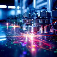 Close-up of a high-tech laser machine in action, emitting vibrant light beams in a futuristic factory setting.