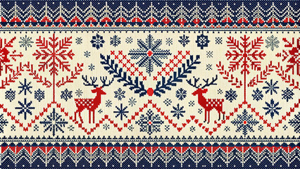 Scandinavian Christmas patterns. Decorative element. Christmas red pattern from traditional details of a fir tree, deer and snowflakes close-up. Holiday gift. background