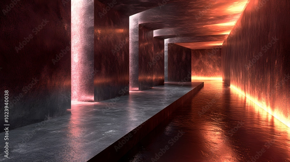 Aufkleber 1. a striking 3d render of an abstract futuristic corridor featuring a sleek cement floor and walls,