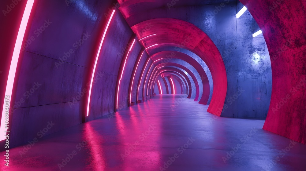 Poster 1. a striking 3d render of an abstract futuristic corridor featuring a sleek cement floor and walls,