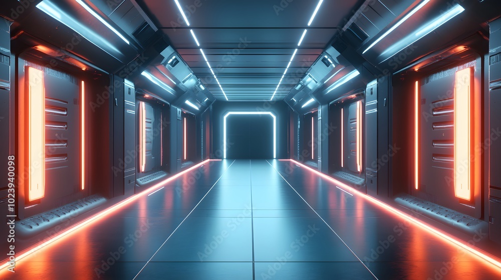 Poster 1. a striking 3d render of an abstract futuristic corridor featuring a sleek cement floor and walls,