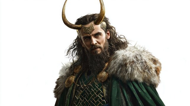 detailed portrayal of Loki the Scandinavian god known for his cunning and mischief features him in ornate attire with distinctive horns embodying Norse mythology.