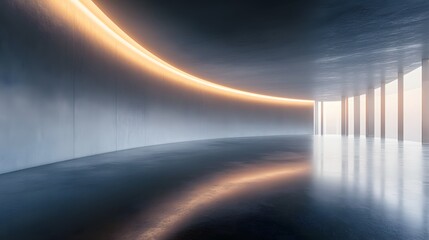 3. A captivating image of an abstract futuristic space, featuring a polished cement floor and minimalist walls, enhanced by ambient lighting, perfect for showcasing products in a high-tech environment