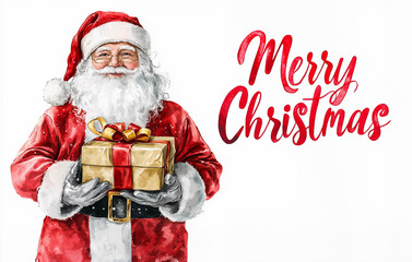 A classic and festive illustration of Santa Claus holding a yellow gift box. &ldquo;Merry Christmas&rdquo; lettering text. Watercolor painting style print