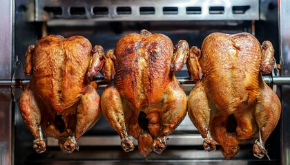 Grilling whole chickens in rotisserie machine, closeup