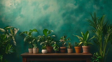 2. An elegant scene featuring a brown wooden table decorated with thriving potted plants, complemented by a rich green wall backdrop, showcasing a harmonious blend of natural elements