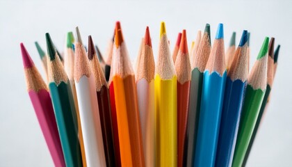 Fototapeta premium Crayons, small colored pencil collection loosely arranged, isolated white background