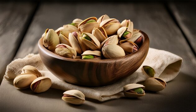 Pistachios in their shells, roasted and salted, in a wooden bowl on linen fabric