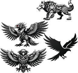 Obraz premium High-Quality Black and White Animal Silhouettes and Steampunk Mechanical Creatures Vector Collection