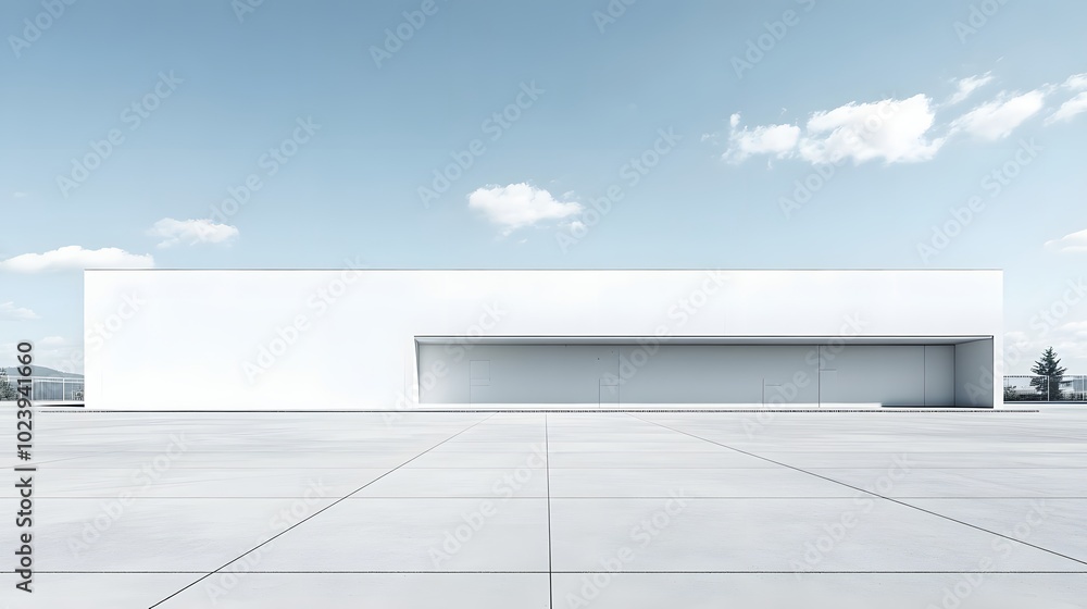 Aufkleber 4. a striking view of a white minimalistic building with a vast empty area in front, featuring a pol