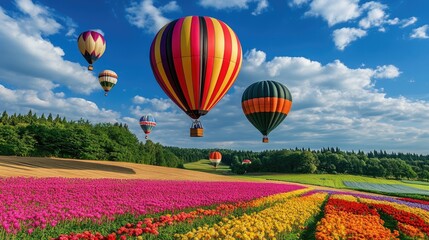 Naklejka premium Colorful Hot Air Balloons Over Flower Fields