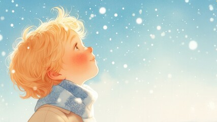 Child looking up at a sky filled with softly glowing snowflakes, holiday wonder, enchanted snowfall