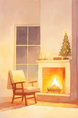 Cozy fireplace with enchanted holiday lights reflecting in the window, winter night