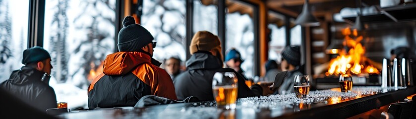 Vintage ski lodge bar, ice flakes outside the frosted windows, warm fire inside, 1960s decor, people chatting by the hearth