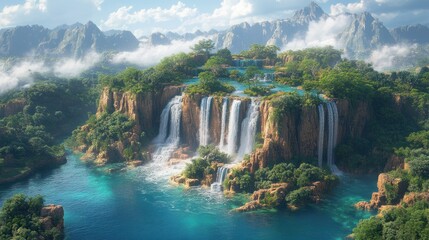 A serene waterfall cascades down a mountainside into a turquoise lake, surrounded by lush greenery and majestic mountains in the distance.