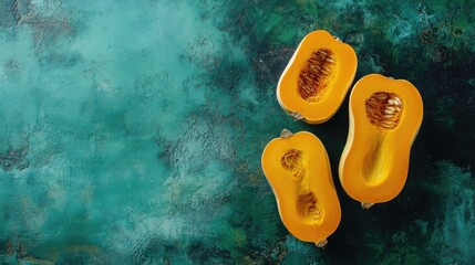 Vibrant butternut squash on green backdrop top view