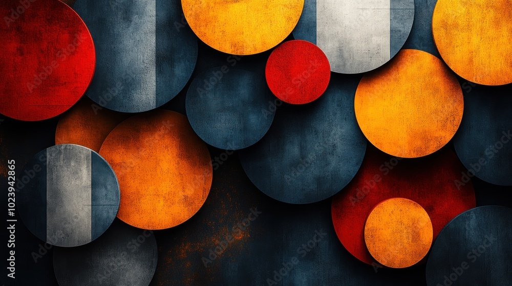 Poster abstract background with overlapping circles in red, orange, and blue with a grunge texture.