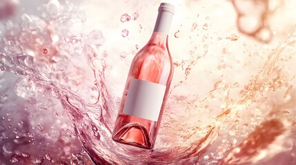4. A visually striking image of a bottle of rose wine floating within an artistic splash of liquid, featuring a clean white label for customizable branding, ideal for a marketing mockup