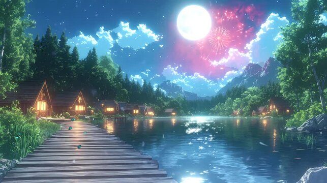 Fireworks brighten the night sky over a lakeside village, nestled among tall trees and a serene moonlit lake. The reflection of the lights and fireworks create an enchanting anime-style background.