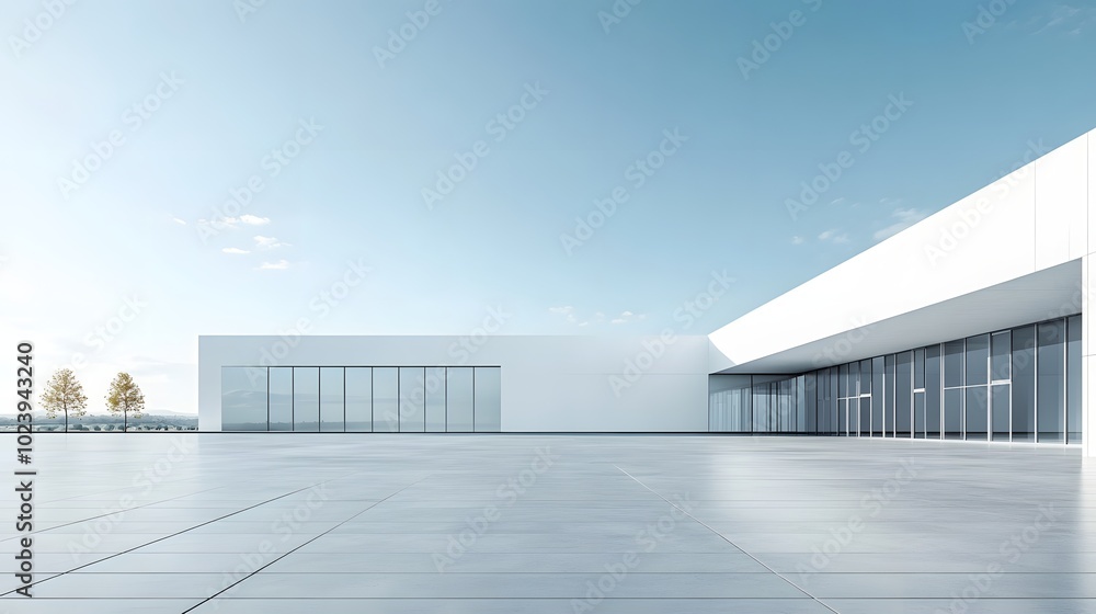 Poster 1. a spacious white minimal architecture building with an empty wide area in front, featuring a smoo