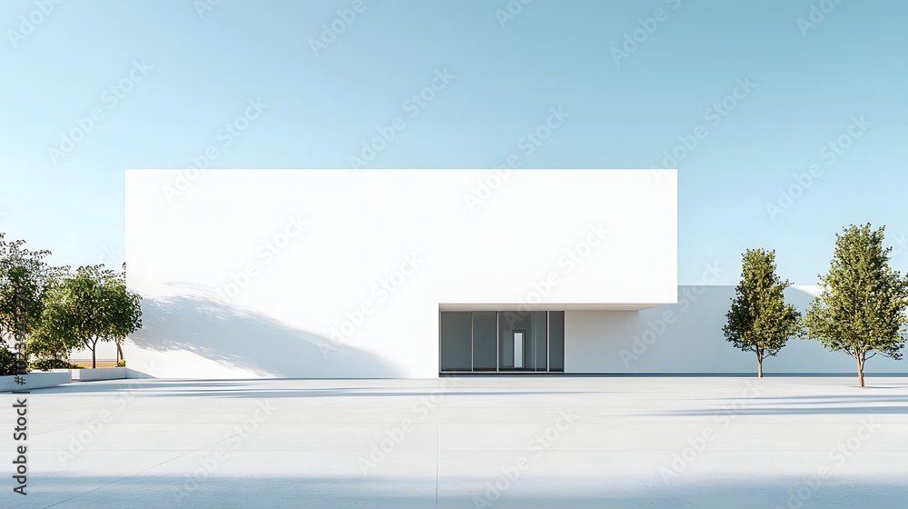 Poster 1. a spacious white minimal architecture building with an empty wide area in front, featuring a smoo