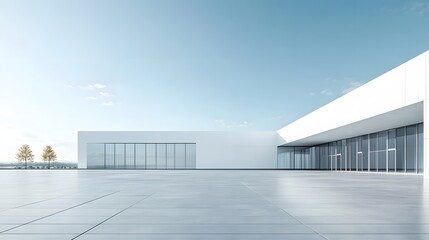 1. A spacious white minimal architecture building with an empty wide area in front, featuring a smooth concrete floor designed as a car park, creating an ideal mock-up scene with ample copy space
