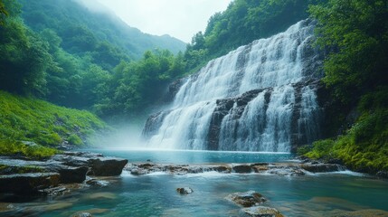 Fototapeta premium A cascading waterfall plunges into a turquoise pool surrounded by lush greenery, creating a misty scene.