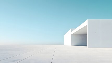 Fototapeta premium 2. A modern white architectural structure set against a clear sky, showcasing a minimalistic concrete garage area, providing a clean and expansive backdrop for mock-ups with generous empty space