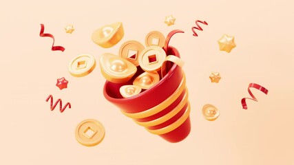 Gold coins and gold ingots in the red cone, Chinese lucky bag, Chinese treasure bowl, Chinese new year, happy new year, Chinese style theme concept, 3d rendering.
