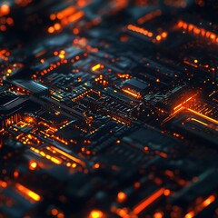 A close-up view of a futuristic circuit board with glowing elements, showcasing technology and design intricacies.