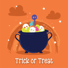 Halloween cauldron with skull candy and Trick or Treat text, Vector