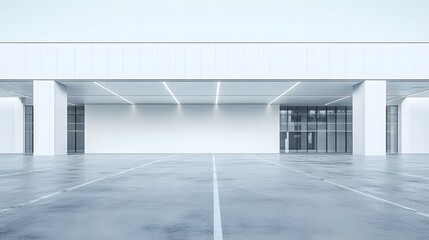 Obraz premium 4. A striking view of a white minimalistic building with a vast empty area in front, featuring a polished concrete floor, designed as a car park, ideal for creating mock-ups with plenty of copy space