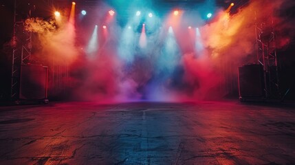 Illuminated arena: empty concert stage with colorful spotlights and smoke, preparing for a live music show, vibrant light patterns, atmospheric elements enhancing anticipation, excitement of event.