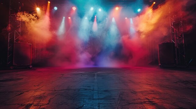Illuminated arena: empty concert stage with colorful spotlights and smoke, preparing for a live music show, vibrant light patterns, atmospheric elements enhancing anticipation, excitement of event.
