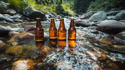 A scenic wilderness setting where bottles of beer are cooling in a clear mountain stream