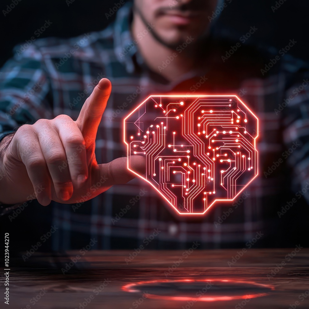 Poster a person holds a glowing, circuit-patterned brain symbolizing artificial intelligence, blending tech